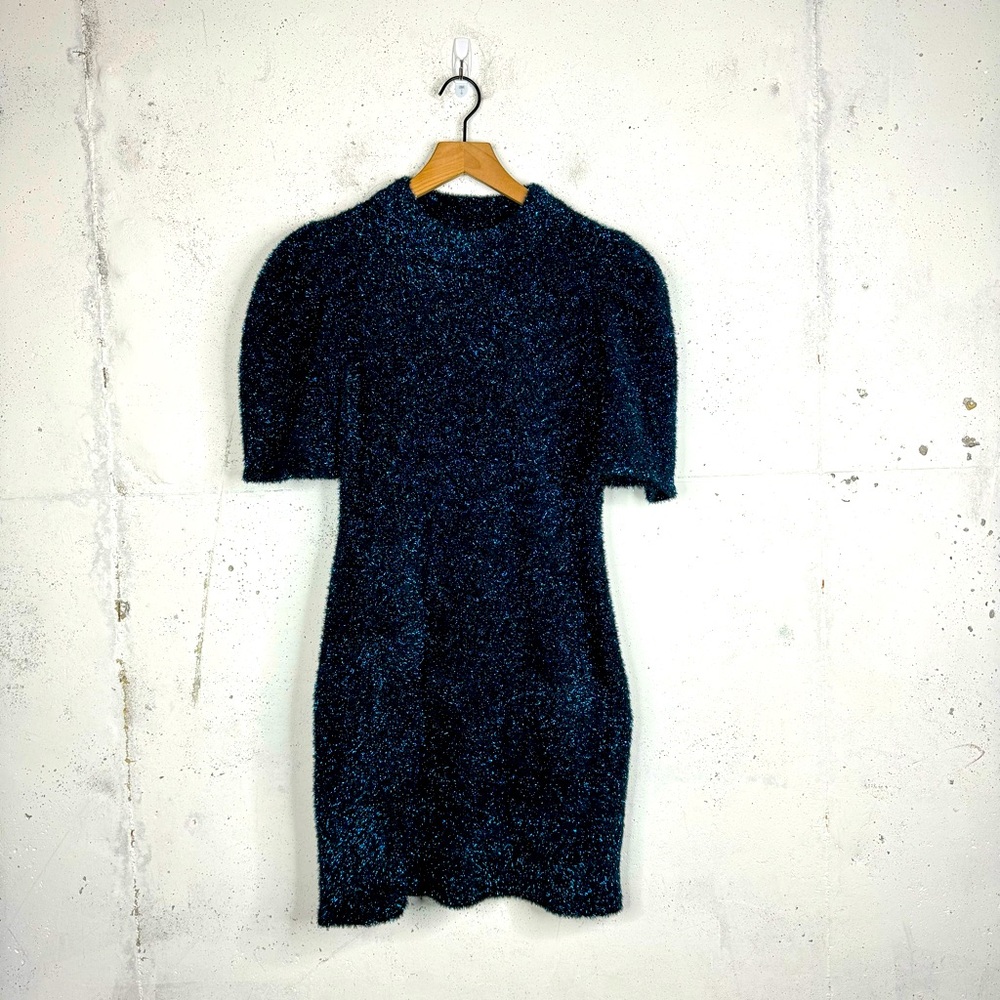 Adelyn Rae Metallic Puff Sleeve Tinsel Sweater Mini Dress Size Large